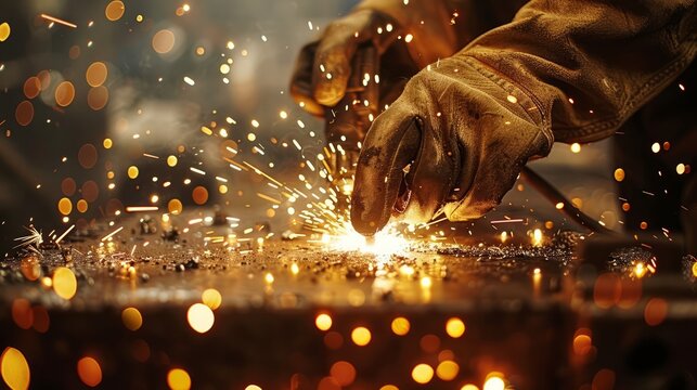 close up hand of a welder holding a welding torch, sparks flying as the metal is fused together, showcasing the intense concentration and skill in welding