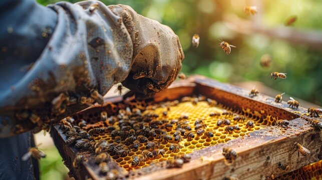 close up hand of a beekeeper handling a honeycomb frame, with bees buzzing around, capturing the careful and knowledgeable handling required in beekeeping
