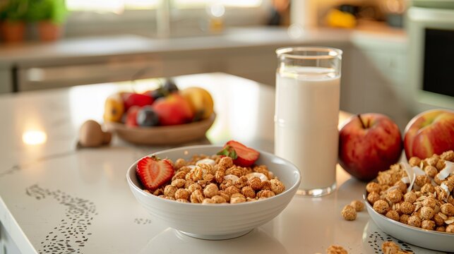 Empty cereal bowl on a kitchen island with fruit and a glass of milk, offering a healthy breakfast setting with ample space for text