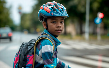 Young black Schoolboy on bike with safety helmet and school backpack at pedestrian crossing, highlighting child safety, healthy commuting, and the importance of safe routes for school children