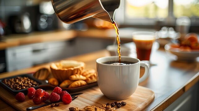 Person pouring coffee into a mug on a kitchen counter with breakfast items, capturing a cozy morning routine with plenty of space for text