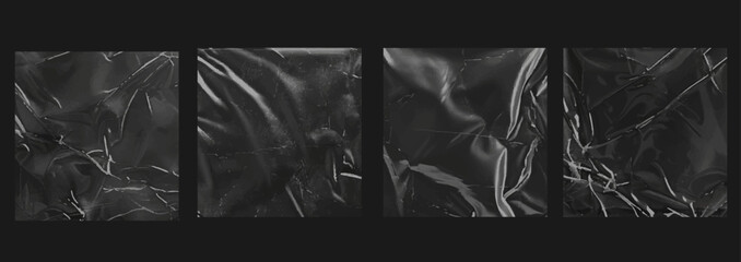 Plastic wrap texture overlay effect. Polyethylene packaging for vinyl or cd cover. Plastic sleeve or wrap with fingerprints texture overlay. Realistic set of square plastic package mockup