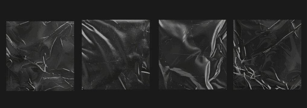 Plastic wrap texture overlay effect. Polyethylene packaging for vinyl or cd cover. Plastic sleeve or wrap with fingerprints texture overlay. Realistic set of square plastic package mockup
