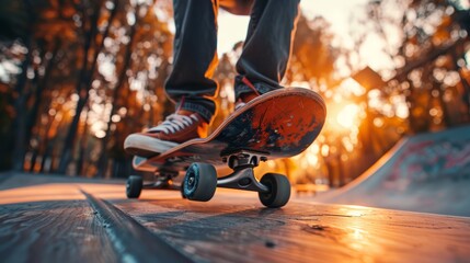 Person skateboarding at a park with ramps, rails, and a clear sky, capturing an exciting and dynamic outdoor activity with significant space for text