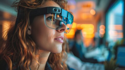 modern office environment with digital marketing specialists using augmented reality glasses to view and manipulate online campaign data in real-time