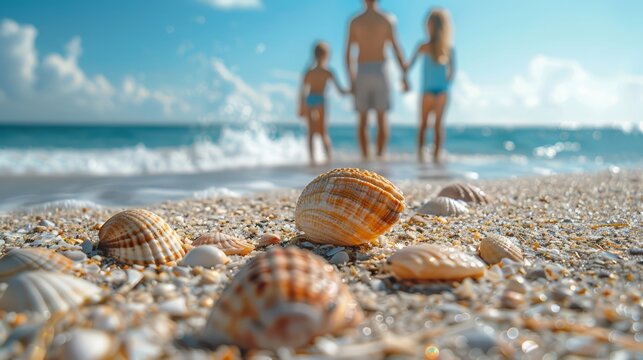 Family exploring a beach with seashells, sand, and a clear sky, providing a joyful and relaxing outdoor activity scene with ample space for text