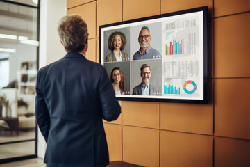 Businessman having online business conference video call with business people on tv screen monitor in board meeting room