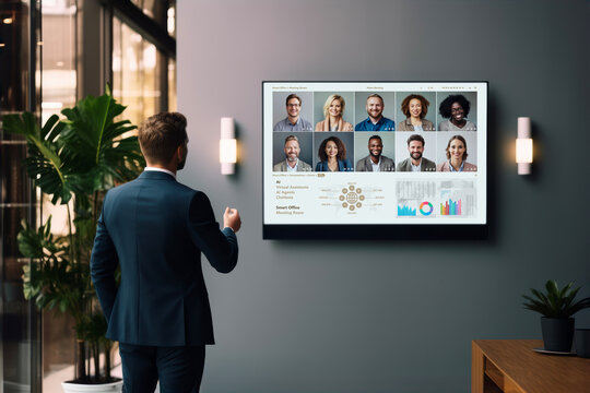 Businessman having online business conference video call with business people on tv screen monitor in board meeting room