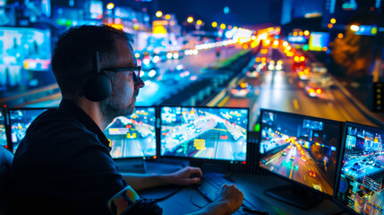 Smart City Traffic Control Center Monitoring. Traffic control center operator monitoring live feeds of city traffic at night, utilizing advanced technology for urban management and safety.