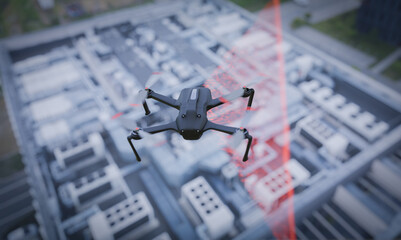 Drone performing a roof inspection and 3D scanning. An ideal solution for monitoring the condition of buildings and urban infrastructure using advanced technologies. 3d render © guteksk7