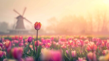 Beautiful colorful tulip field and traditional windmill in countryside.