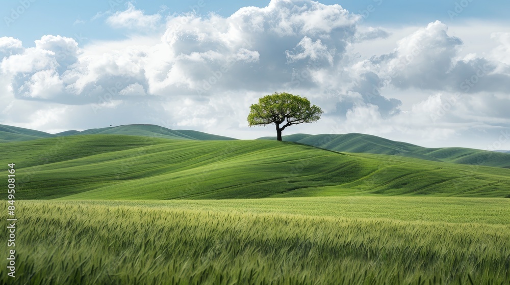 Poster a lone tree standing in the distance amid a winter wheat field surrounded by green hills