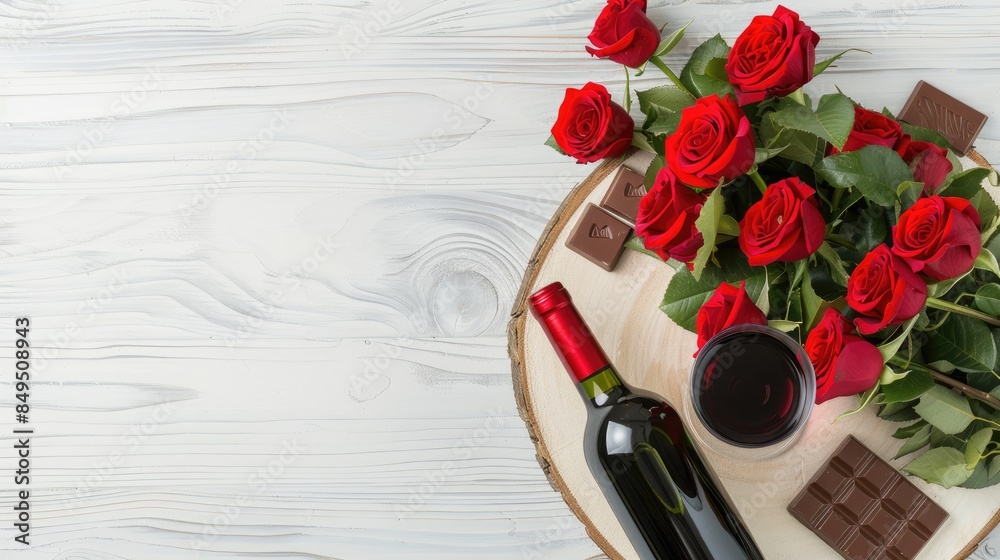 Poster a bouquet of vibrant red roses, a bottle of wine, and heart-shaped chocolates arranged tastefully on a wooden backdrop.