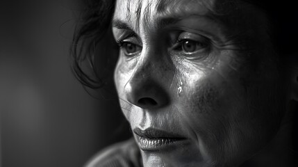 A black and white close-up photograph of a middle-aged woman's face, silently crying in sorrow.