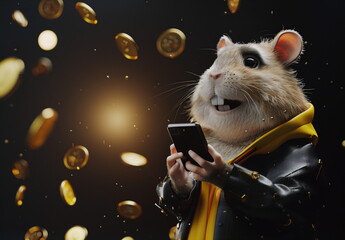 Hamster hacker crypto investor who has gold coins and bitcoins dropping on him. Crypto market hamster battle banner