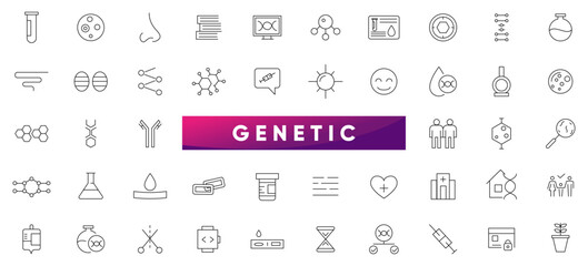 Genetic Line Icons set. DNA, genetic engineering, chromosomes, heredity, genome, genetic, biology, genetic modification, experiments medical outline icon collection. Thin icons pack.