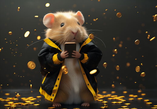 Hamster hacker crypto investor who has gold coins dropping on him. Crypto market hamster battle banner