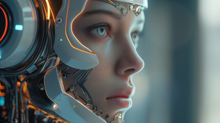 A close-up portrait of a futuristic android woman with a sleek, white helmet and piercing blue eyes.