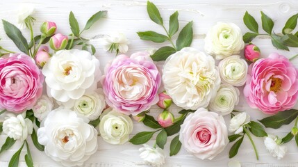 Fototapeta premium a beautiful floral frame composed of delicate pink and white roses, peonies, and dahlia flowers, set against a soft pastel background, offering ample copy space for text.
