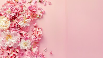 Obraz premium a beautiful floral frame composed of delicate pink and white roses, peonies, and dahlia flowers, set against a soft pastel background, offering ample copy space for text.