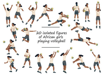 Girl figures of African women's volleyball team players in white T-shirts in various poses training, running, jumping, throwing, hitting the ball