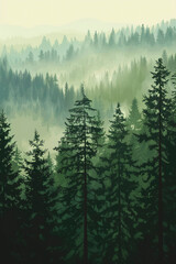 Misty california Forest Landscape in Pacific Northwest, Vector Style Animation