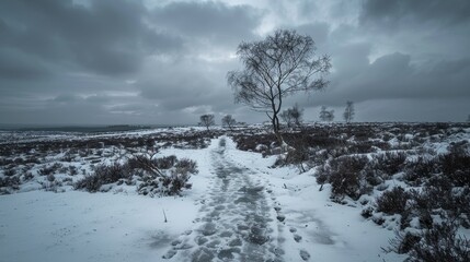 Footpath covered in ice over a snowy moor with barren winter trees shrubs and heather under a cloudy grey sky