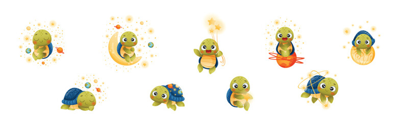 Funny Turtle Character Explore Outer Space Vector Set