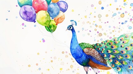A watercolor painting of a peacock with a bunch of balloons.