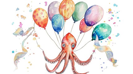 A watercolor painting of an octopus holding a bunch of balloons.