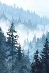 Obraz premium Misty Idaho Forest Frozen Landscape in Pacific Northwest, Vector Style Animation