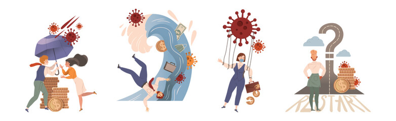 Business People Character Overcoming Financial Difficulties in Coronavirus Vector Set