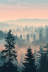 Obraz premium Misty Montana Forest Sunset in Pacific Northwest, Vector Style Animation
