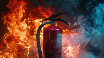 Obraz premium A fire extinguisher stands boldly against a backdrop of dramatic flames, representing safety and security measures