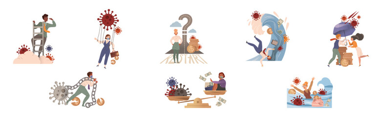 Business People Character Overcoming Financial Difficulties in Coronavirus Vector Set