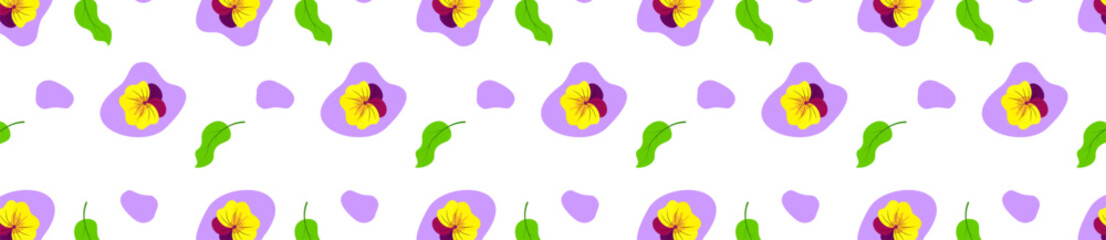 Seamless background with violets, leaves and abstract shapes on white background. For fabric, linen, cover, background design. Vector illustration 