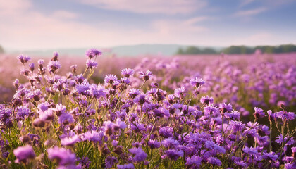 Fototapeta premium Field of purple spring or summer flowers with soft blurred background. Beautiful nature.