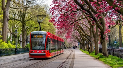 Obraz premium a modern electric city tram gliding along an asphalt road in a park, surrounded by lush green trees adorned with leaves of varying colors, evoking the vibrant beauty of summer.