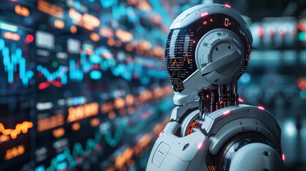 Fototapeta premium Futuristic robot analyzing data on digital screens with charts and graphs in a high-tech environment, representing AI and technology advancements.