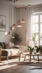 Modern interior japandi style design livingroom Lighting and sunny scandinavian apartment