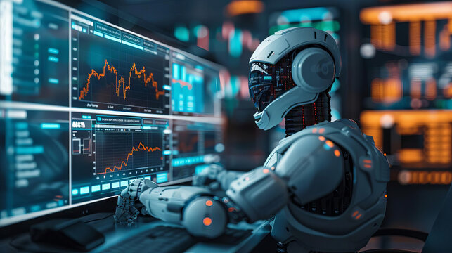 Futuristic robot analyzing financial data on multiple screens in a high-tech workspace, showcasing AI and technology advancements.