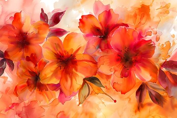 Lush abstract floral watercolor art with warm oranges and reds, vivid blooms in motion