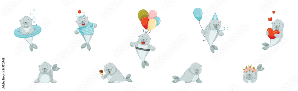 Poster Cute Baby Seal Character with Flipper Vector Set