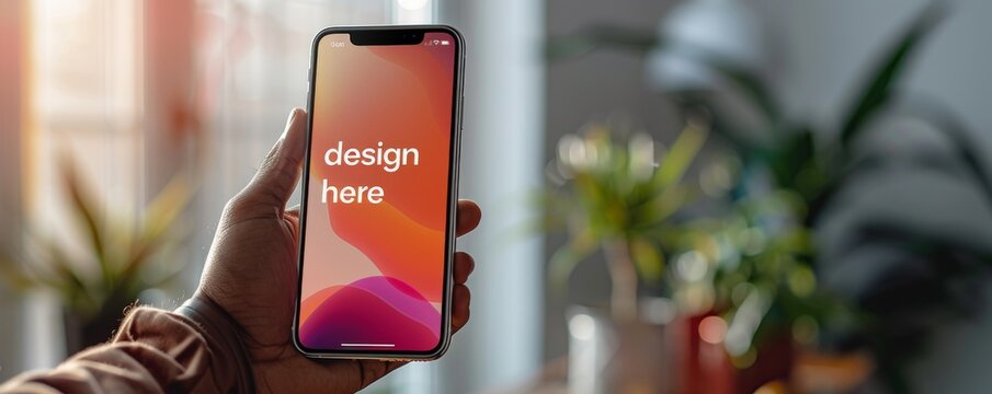 Hand holding iPhone with blank screen mockup for design preview in modern home interior