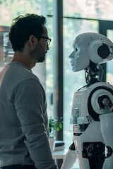 a man and a robot were having conversation at office