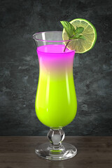 Hurricane glass with cocktail on the wooden table against the wall in grunge style. Bar theme. Drink with lime and mint. Dark environment. 3d rendering.