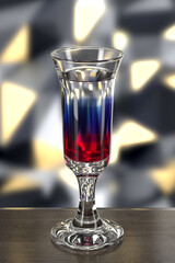 Pousse cafe glass with multi-layered liquor on wooden table against wall with spotlights. Bar theme. Dark environment. 3d rendering.