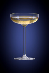 Champagne coupe glass on accent gradient background. Bar theme. Alcoholic drink. 3d rendering.