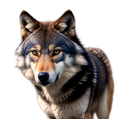 A striking portrait of a gray wolf, showcasing its majestic and powerful presence