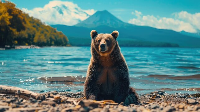 A Brown Bear Sitting On The Shore Of Lakeview Ushuaia In The Hyperrealistic Style Of An Artist, Lake With Green Trees And A Blue Sky In The Background With A Volcano Centered Behind It.